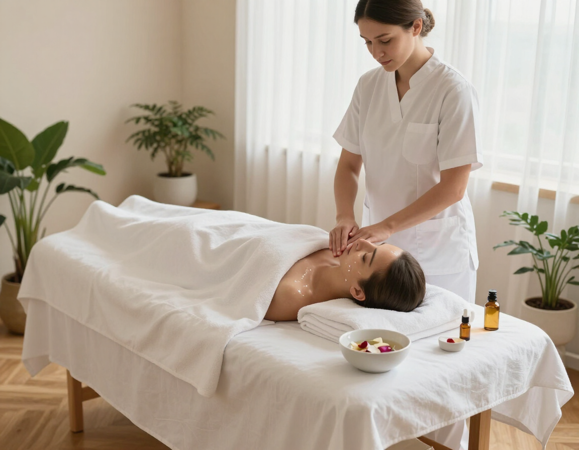 Una terapeuta de spa le da un masaje facial a una clienta en una camilla de tratamiento en una habitación luminosa.