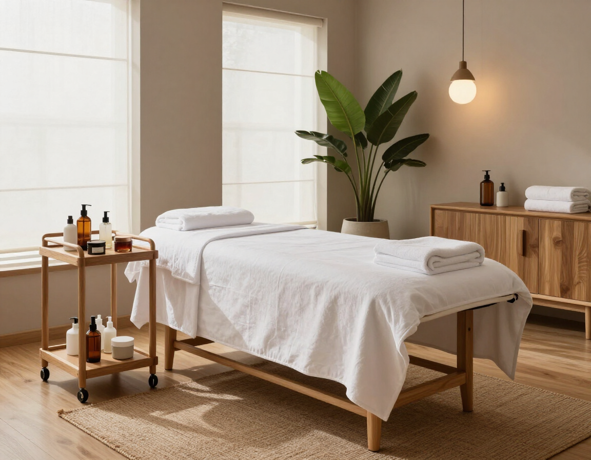Sala de tratamientos de spa minimalista con camilla de masaje, toallas, carrito de madera, planta y luz cálida.