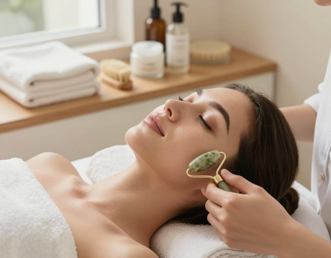 Mujer recibiendo un masaje facial con jade mientras descansa en una camilla de spa.