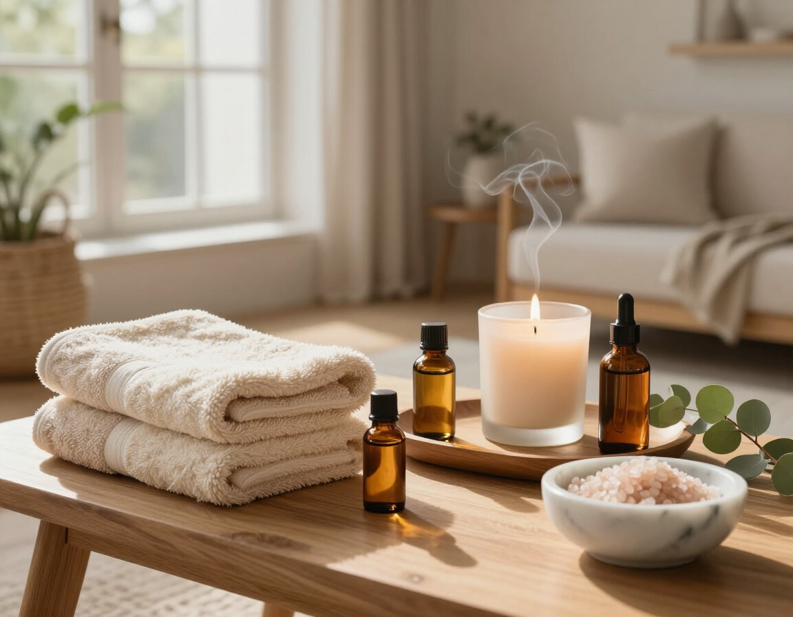 Artículos esenciales de spa en una bandeja de madera