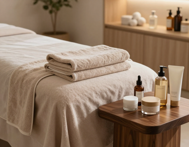 Camilla de spa color beige con toallas dobladas