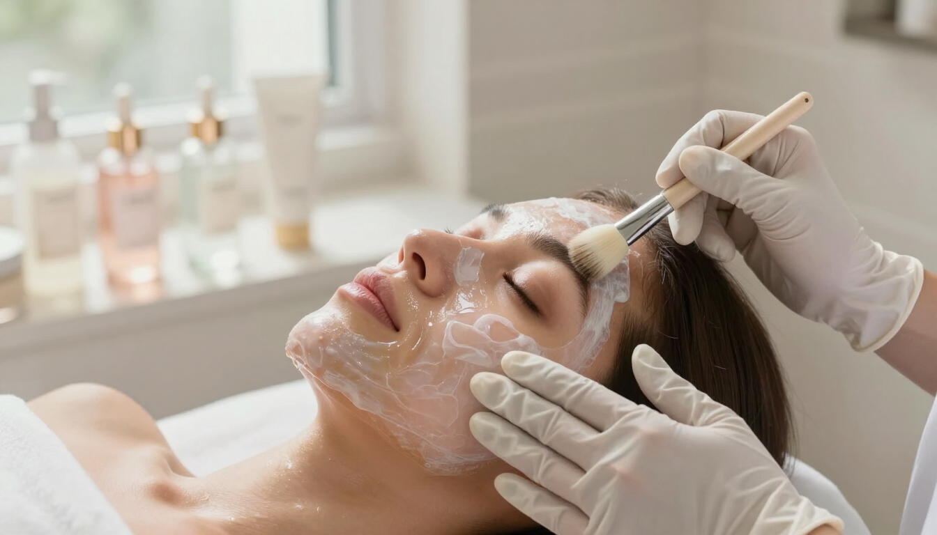 Esteticista aplicando una mascarilla facial a una clienta tumbada en una camilla de spa.