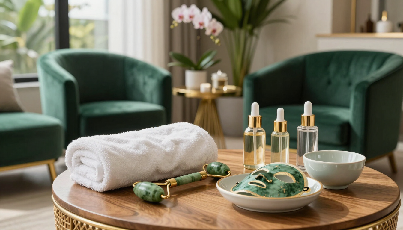 Preparación para un tratamiento de spa con toallas, botellas, cuenco y rodillos faciales de jade