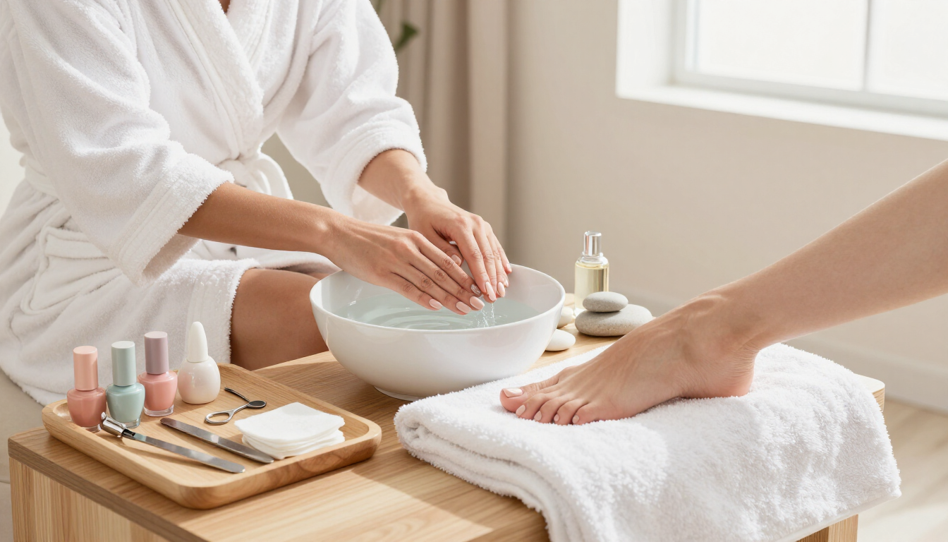 Montaje de pedicura de spa con una persona remojando los pies en un recipiente y herramientas de manicura en una bandeja.