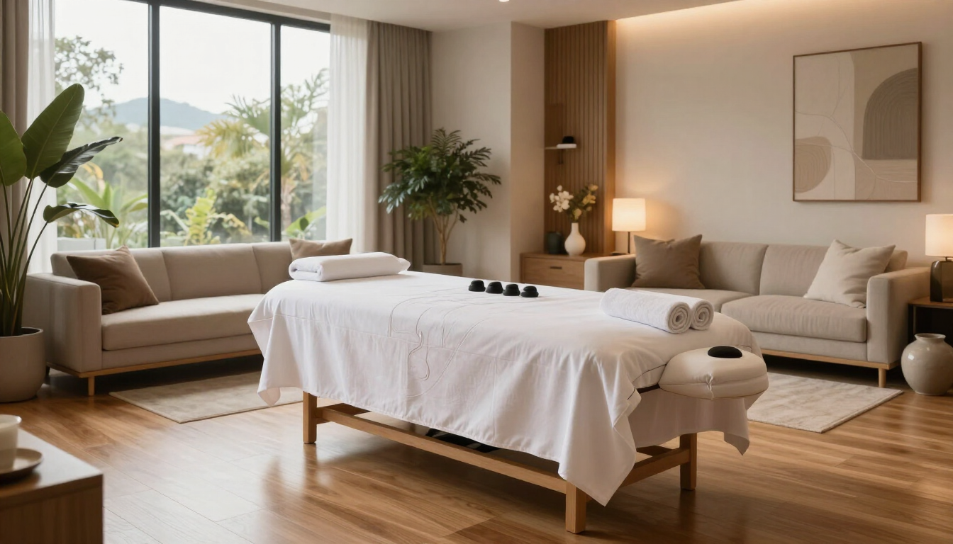 Tranquila sala de spa con camilla de masaje, sofás beige, iluminación tenue y una gran ventana con vistas a la vegetación.