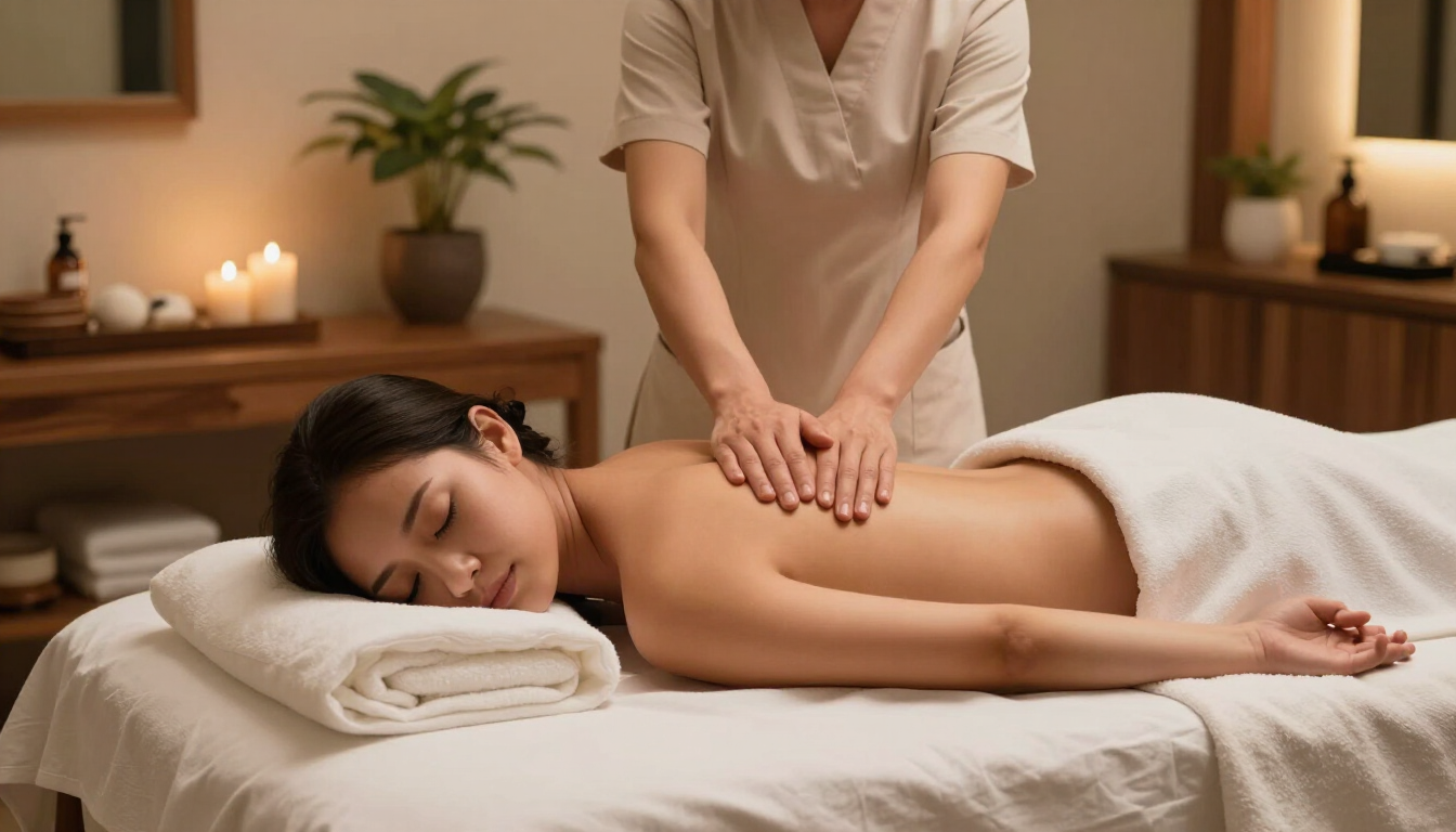 Masajista dando un masaje de espalda a un cliente relajado en una sala de spa.