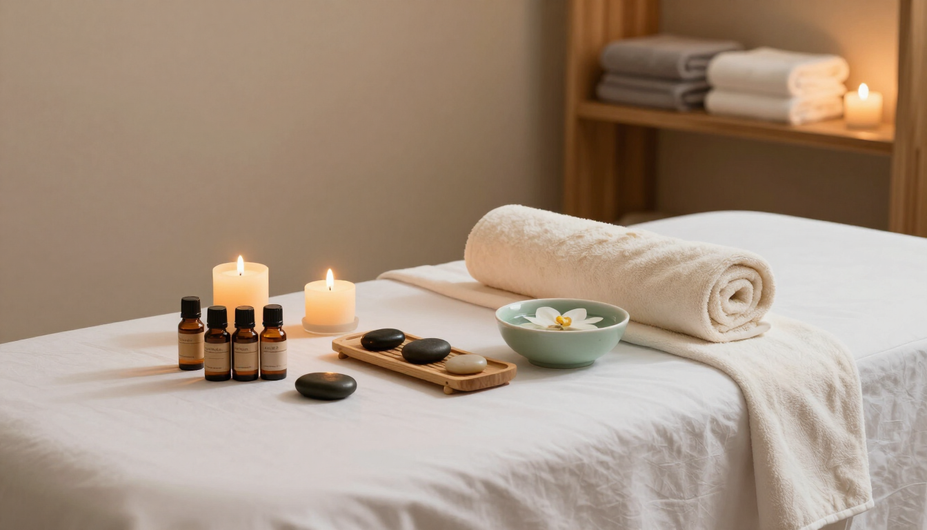 Mesa de tratamiento de spa con velas, aceites, toallas y un cuenco en una tranquila habitación de color beige.