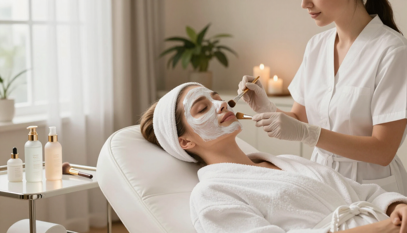 Tratamiento facial en un spa con una mujer aplicando crema a una clienta que lleva una diadema y una bata blancas.