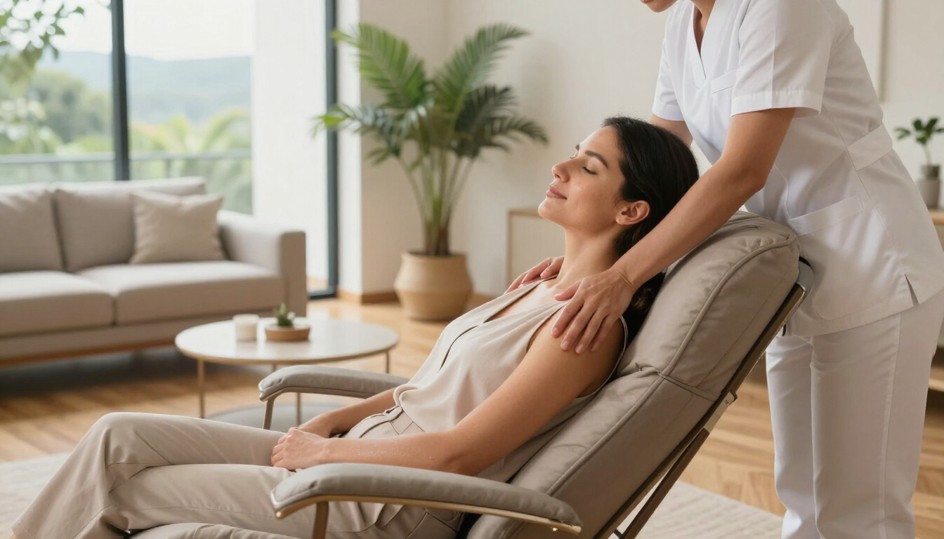 Una mujer se relaja en una silla mientras una terapeuta le da un masaje de cuello en una luminosa sala de spa.