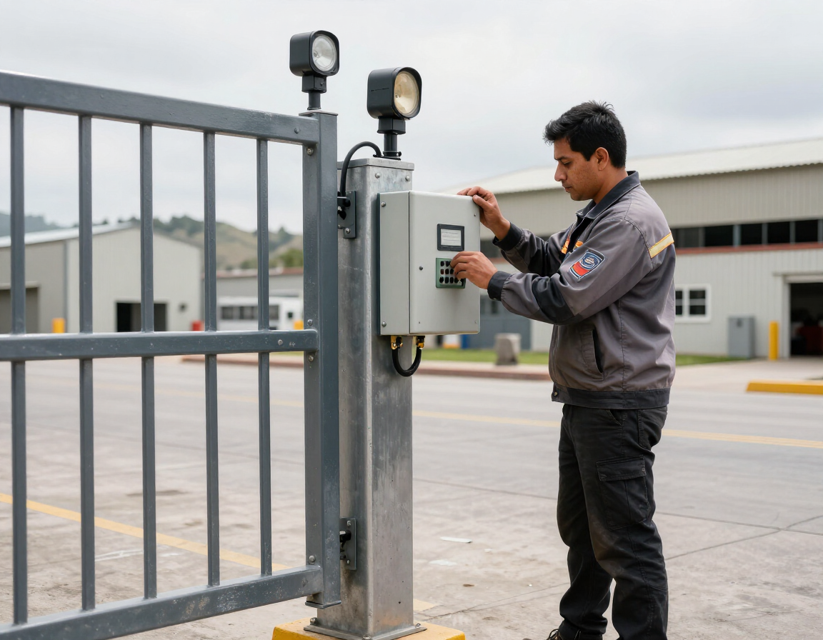 Técnico operando un panel de control de puerta junto a una cerca industrial gris.