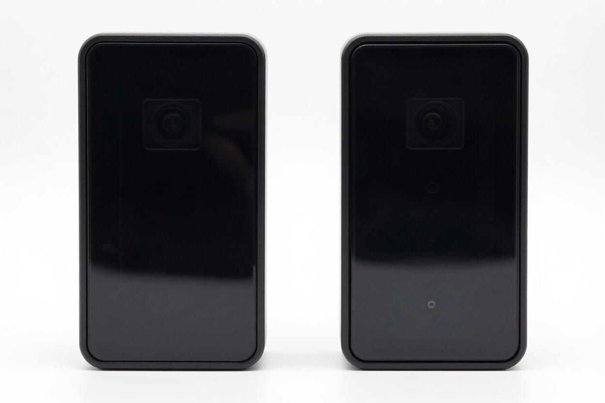 Dos teléfonos inteligentes negros colocados en posición vertical sobre un fondo blanco.