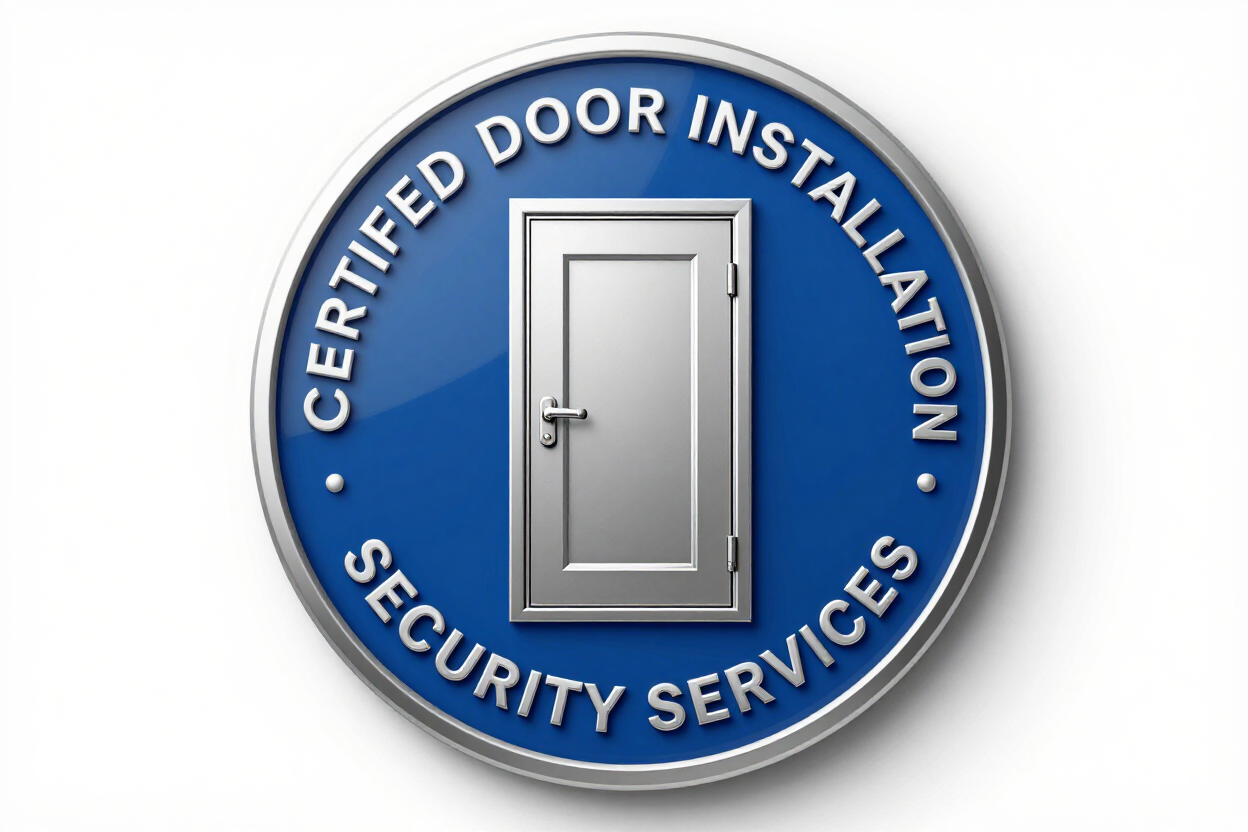 Insignia circular azul con la inscripción “Servicios de seguridad para la instalación de puertas certificadas”