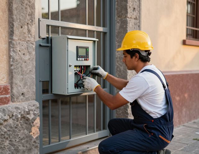Un trabajador con casco amarillo inspecciona un panel de control eléctrico al aire libre.