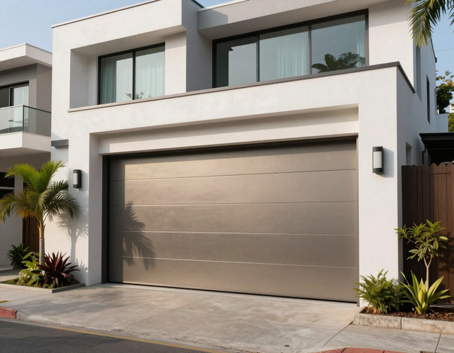 Exterior de una casa moderna de color blanco con una gran puerta de garaje gris y pequeñas plantas en la parte delantera.
