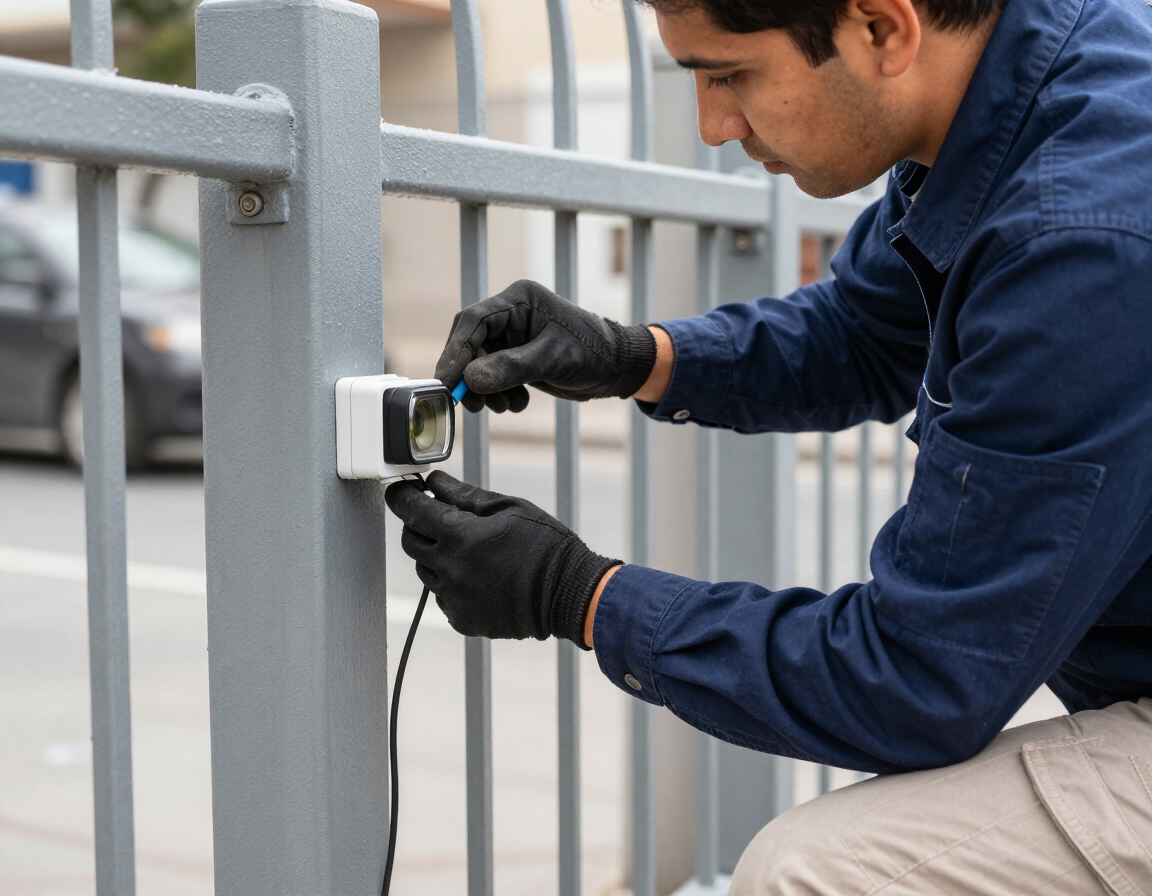 Técnico revisando sensores de una puerta automática