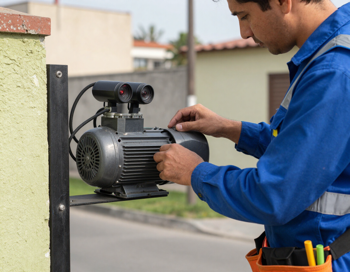 Técnico revisando el motor de una puerta automática