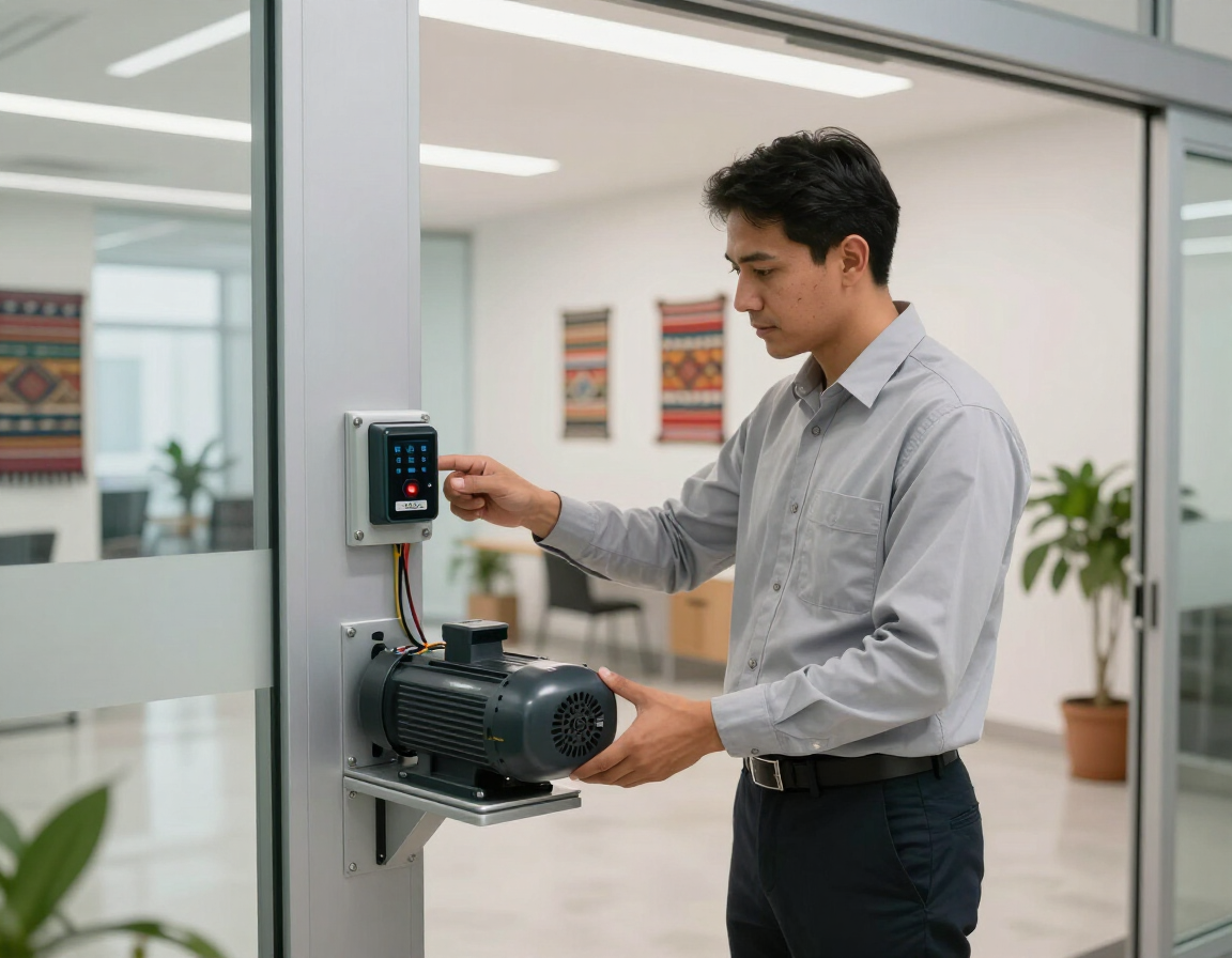 Técnico revisando el sistema de una puerta automática comercial