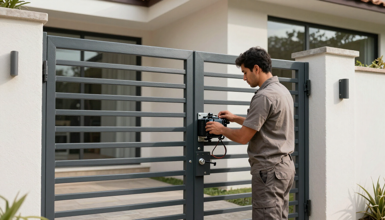 Técnico instalando el motor para una puerta automática