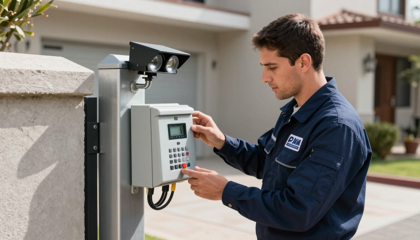 Técnico revisando sensores y controles de una puerta automática