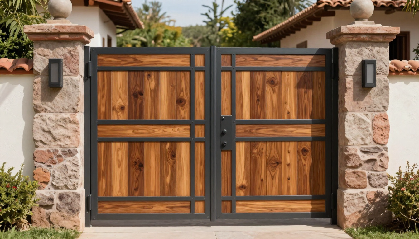 Portón personalizado de metal y madera instalado en una vivienda
