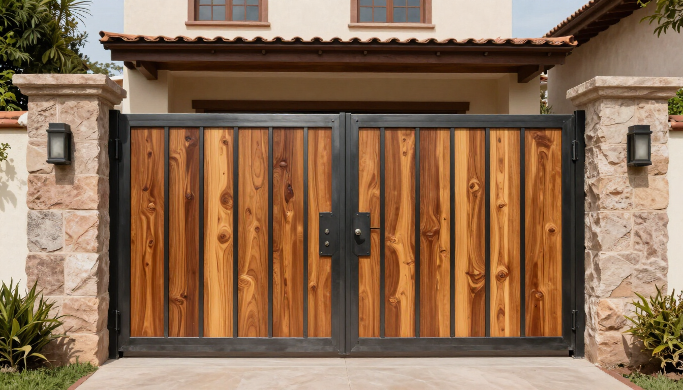 Portón personalizado de metal y madera en una entrada residencial