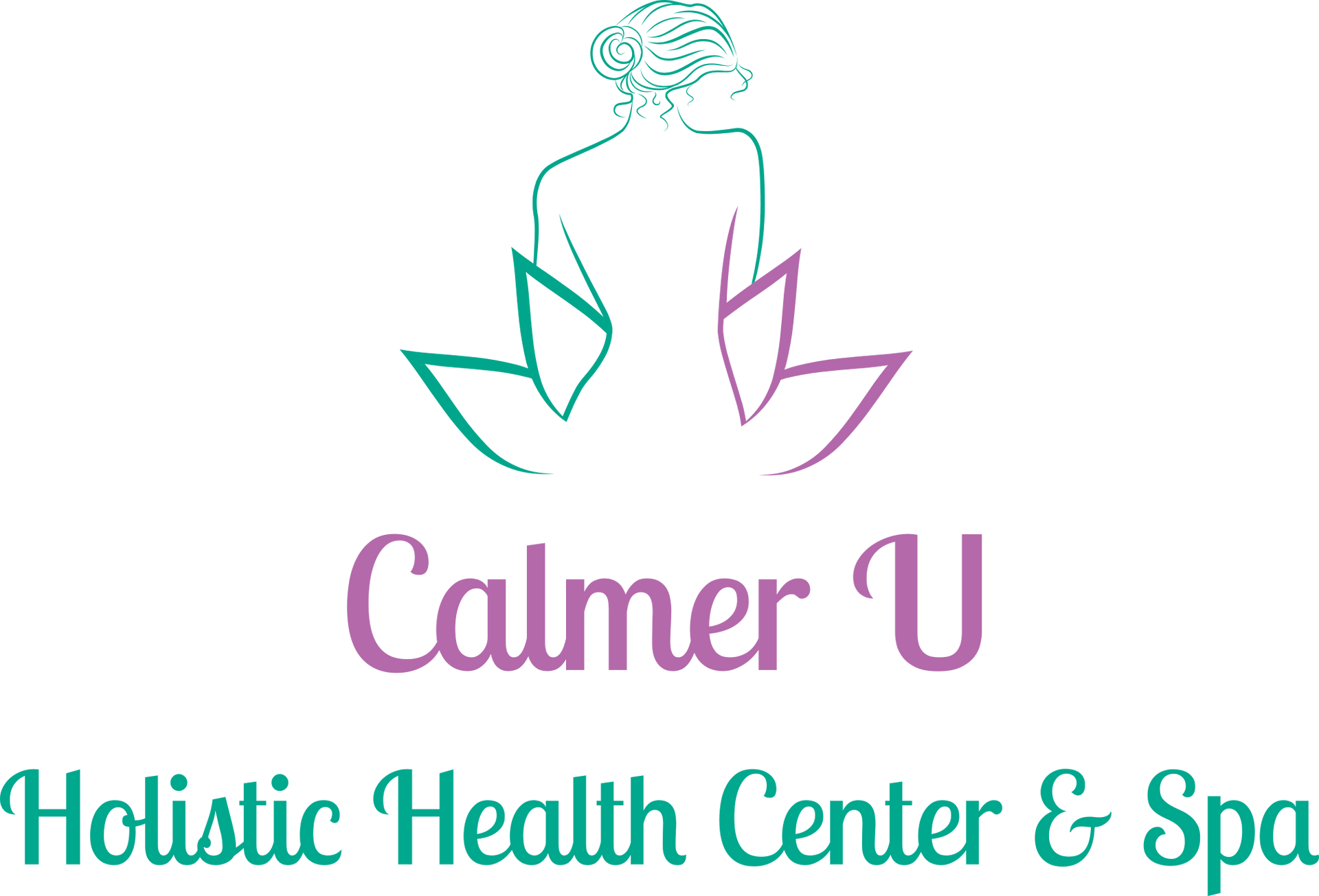 Logo for Calmer U Holistic Health Center & Spa: a silhouette of a woman within a lotus flower, with the words