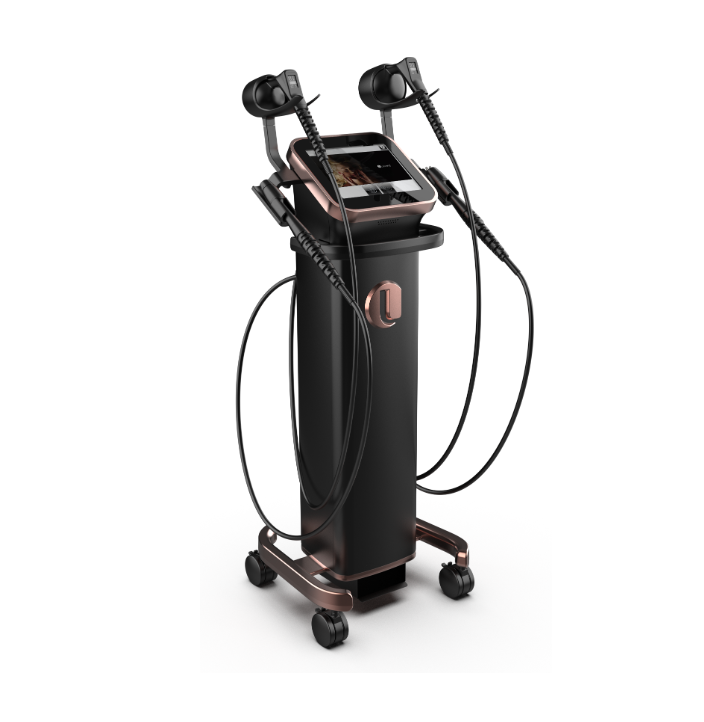 Black and rose-gold medical device on wheels, with two hand-held applicator wands for skin treatments.