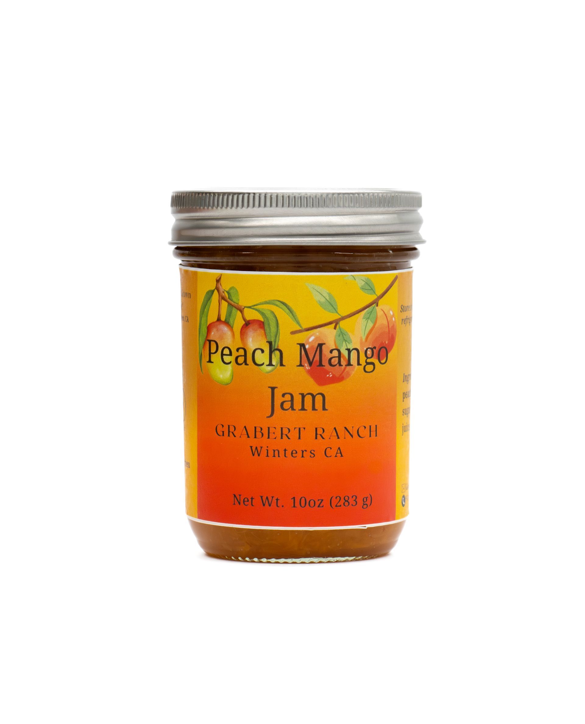 A jar of Peach Mango Jam with an orange-to-yellow label featuring an illustration of peaches and mangoes.
