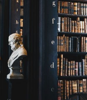 Een standbeeld van een man met een baard staat in een bibliotheek