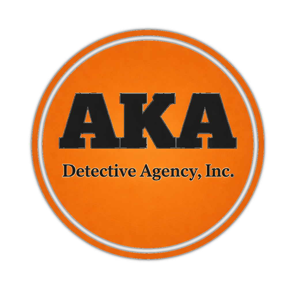 A circular orange logo with a white outline reading "AKA Detective Agency, Inc." in bold black lettering.