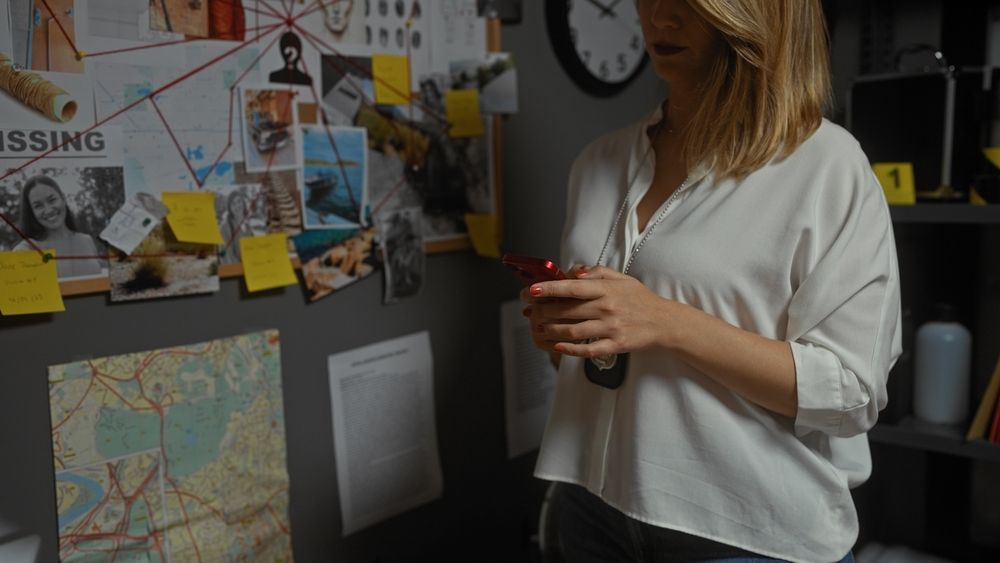 A person looks at a mobile phone in a room with a wall featuring a map, notes, and a missing person's investigation board.