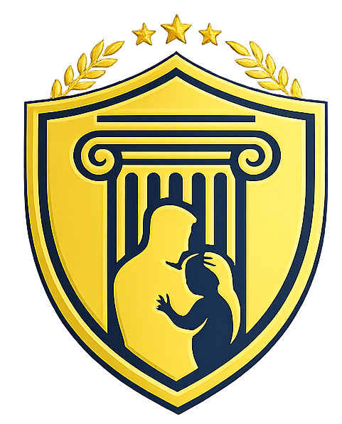 Silhouette of a person holding a child within a balance scale; set against a yellow circle with a white border.