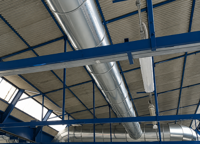 Travi in acciaio blu e condotti di ventilazione argentati attraversano il soffitto di un magazzino industriale.