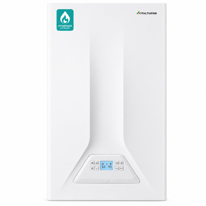 Sistema di caldaia bianca a parete con tubazioni e pannello di controllo sulla destra.