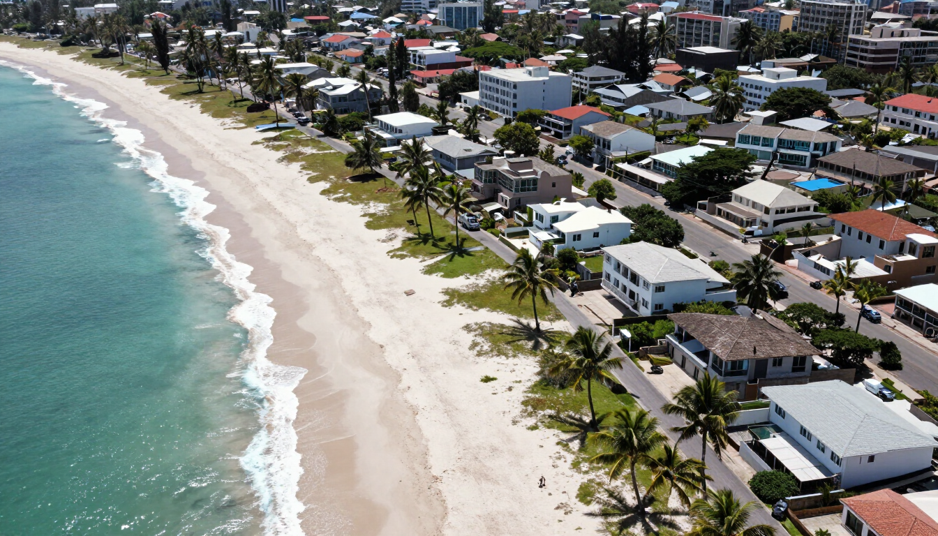 Aerial view of Malindi coastline and residential areas