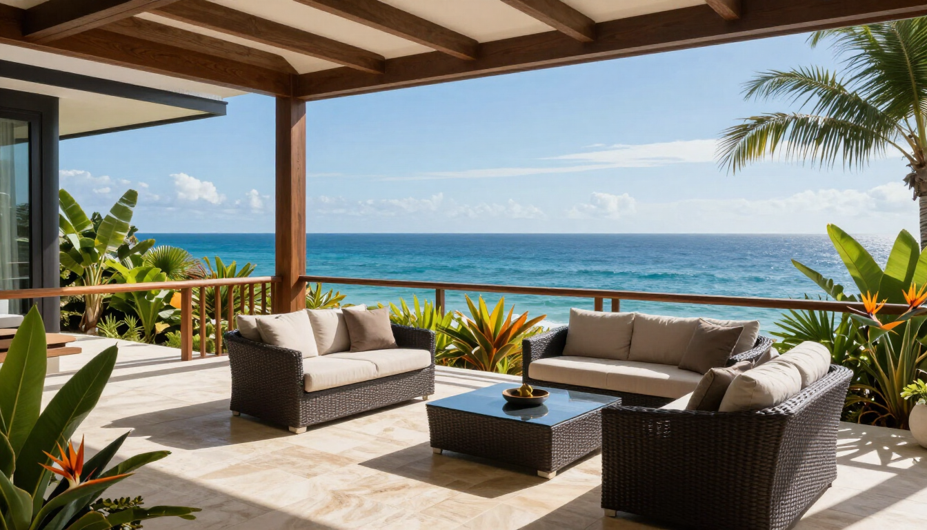 Elegant coastal villa terrace with ocean views in Kenya