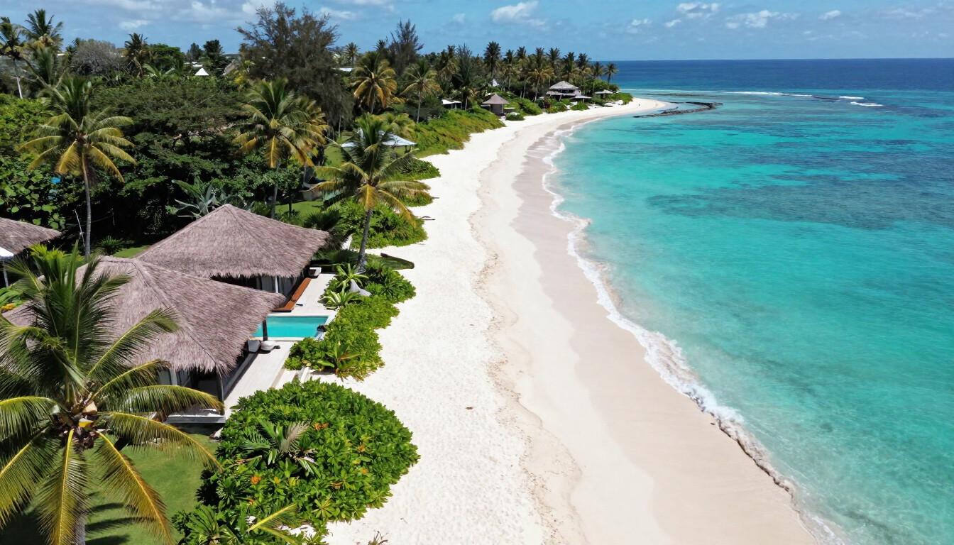 Aerial view of a tropical beachfront residence and Indian Ocean coastline