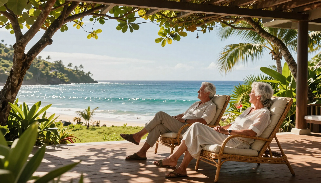 Retirees relaxing on a shaded coastal terrace in Kenya