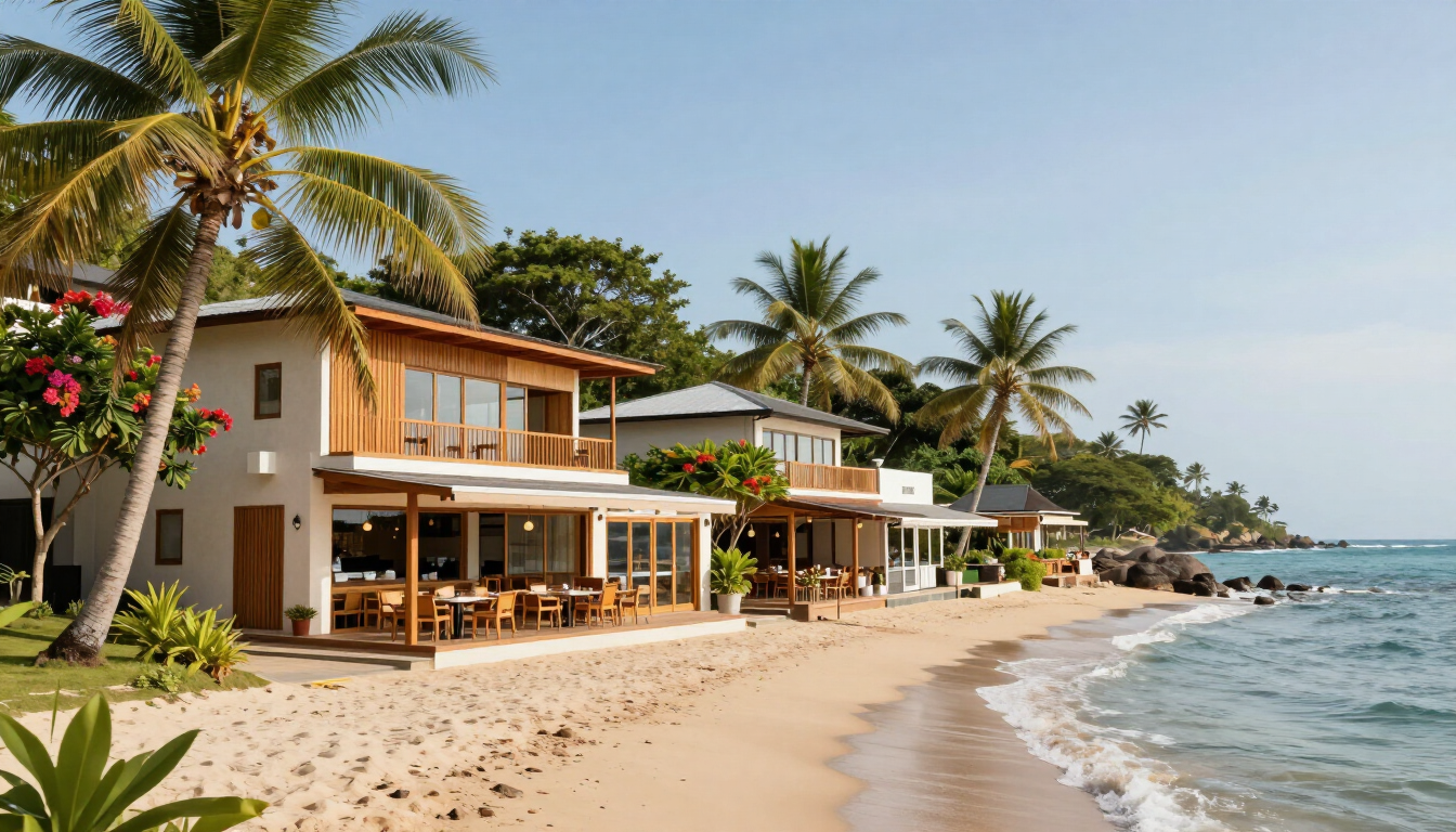 Photorealistic coastal commercial development in Malindi with boutique hospitality and retail spaces