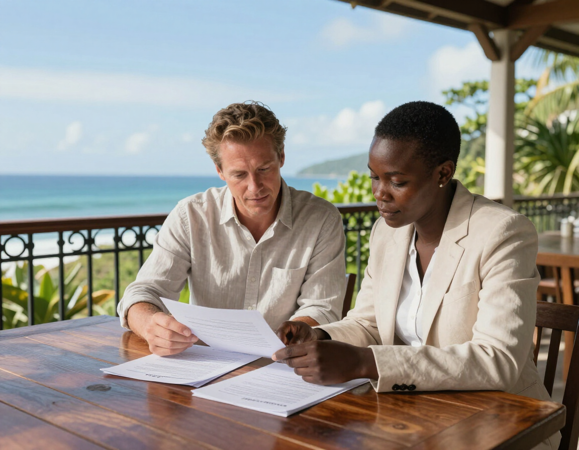 Buyer reviewing coastal property documents during a Malindi home viewing