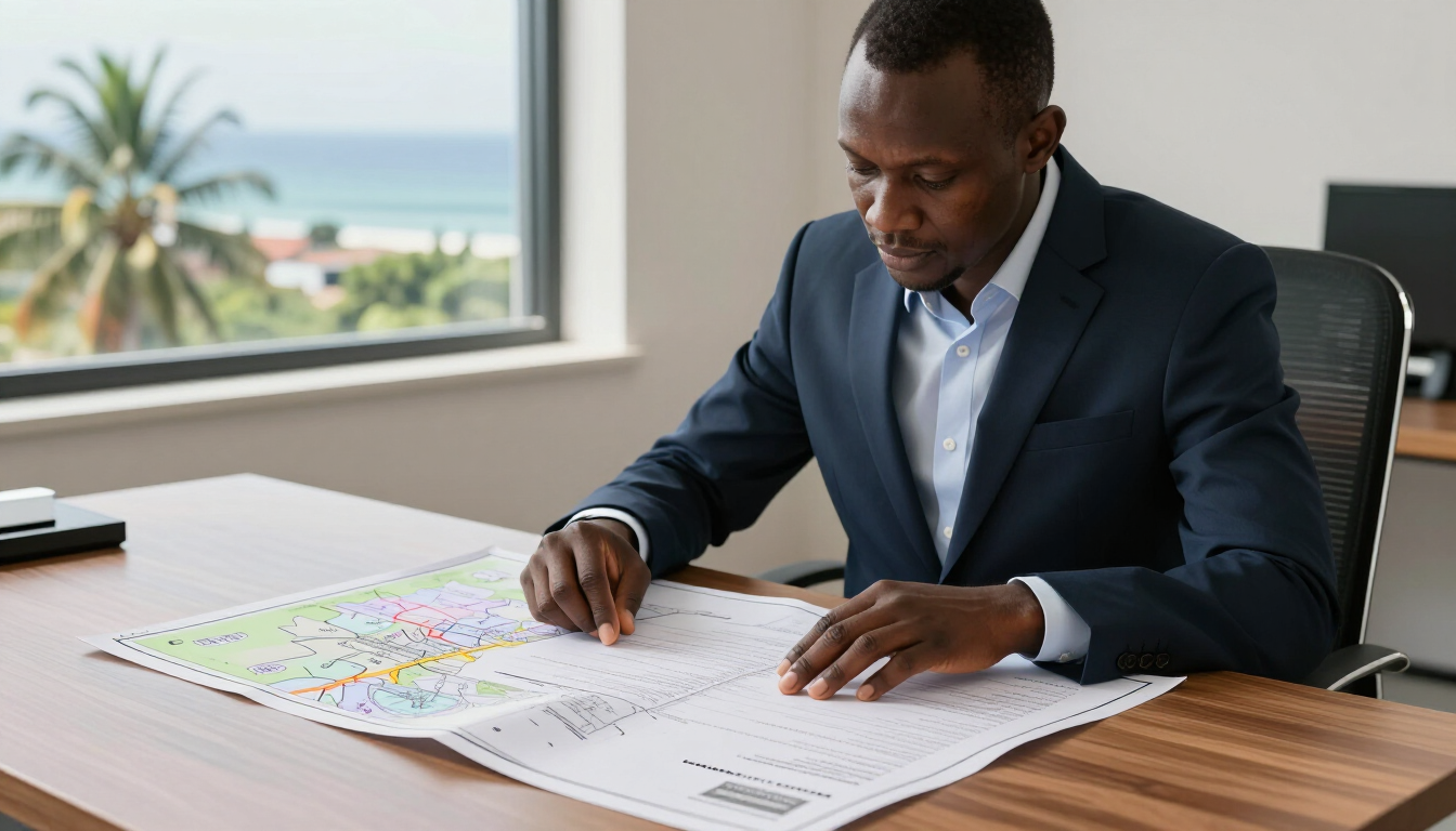 Professional reviewing a Kenyan land title deed and survey map