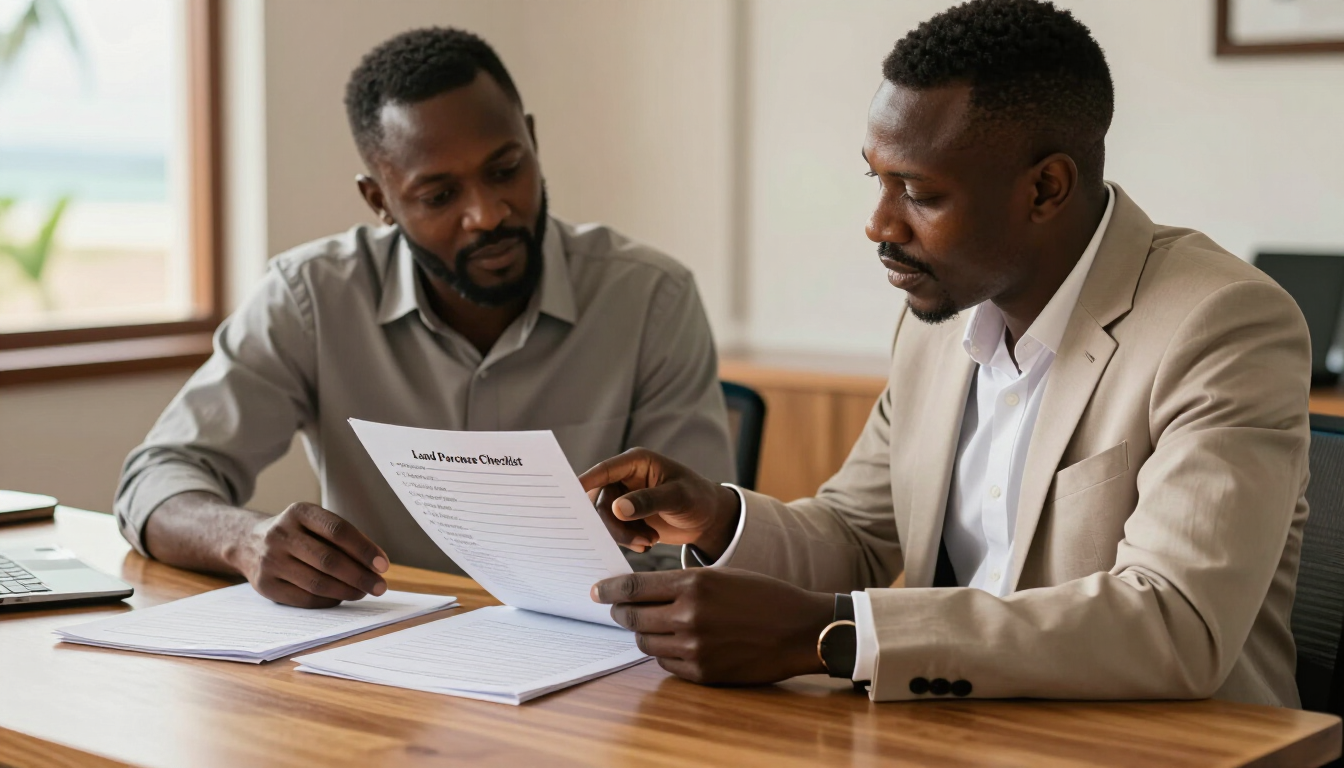 Buyer and property adviser reviewing a land purchase checklist