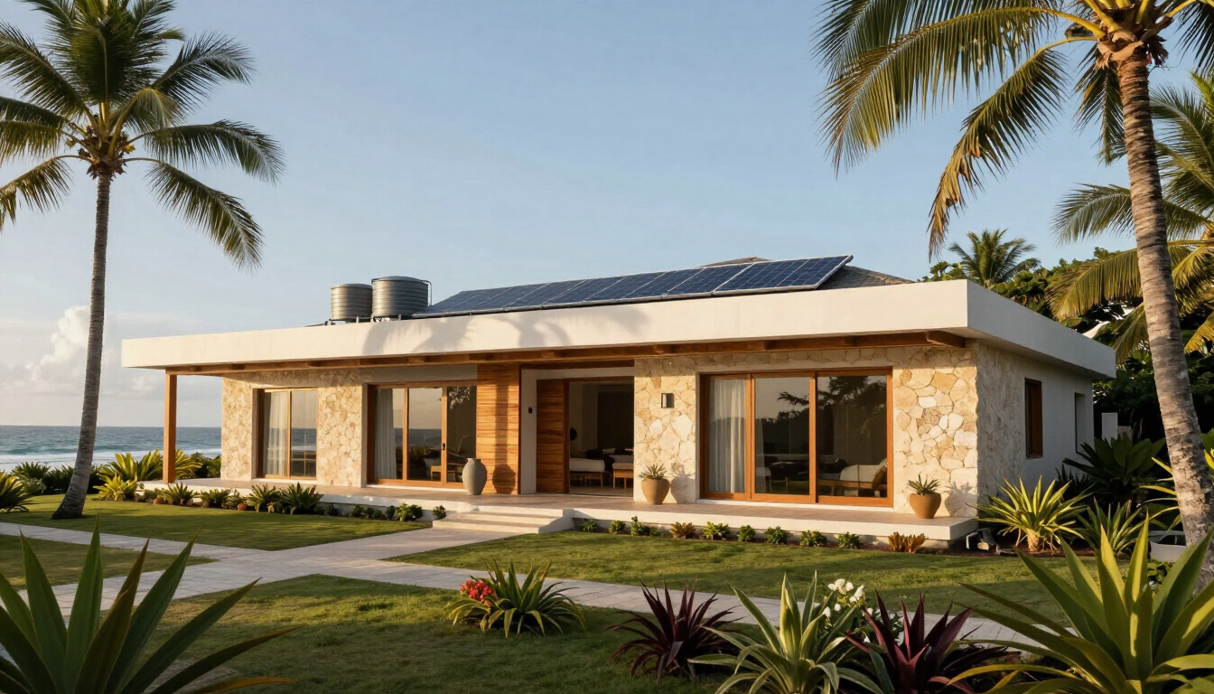 Luxury villa concept with solar, water storage, and tropical landscaping