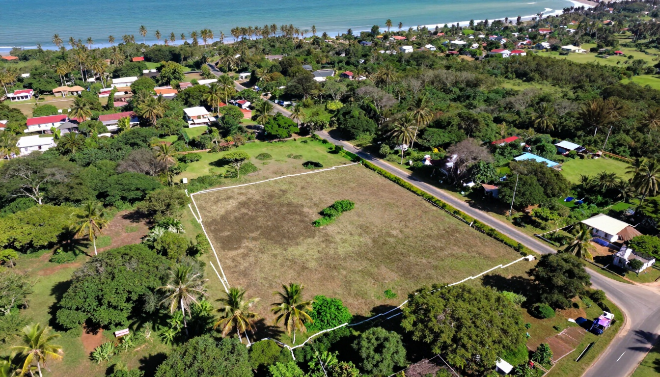 Aerial view of a coastal land parcel near Watamu with a connecting road and tropical vegetation