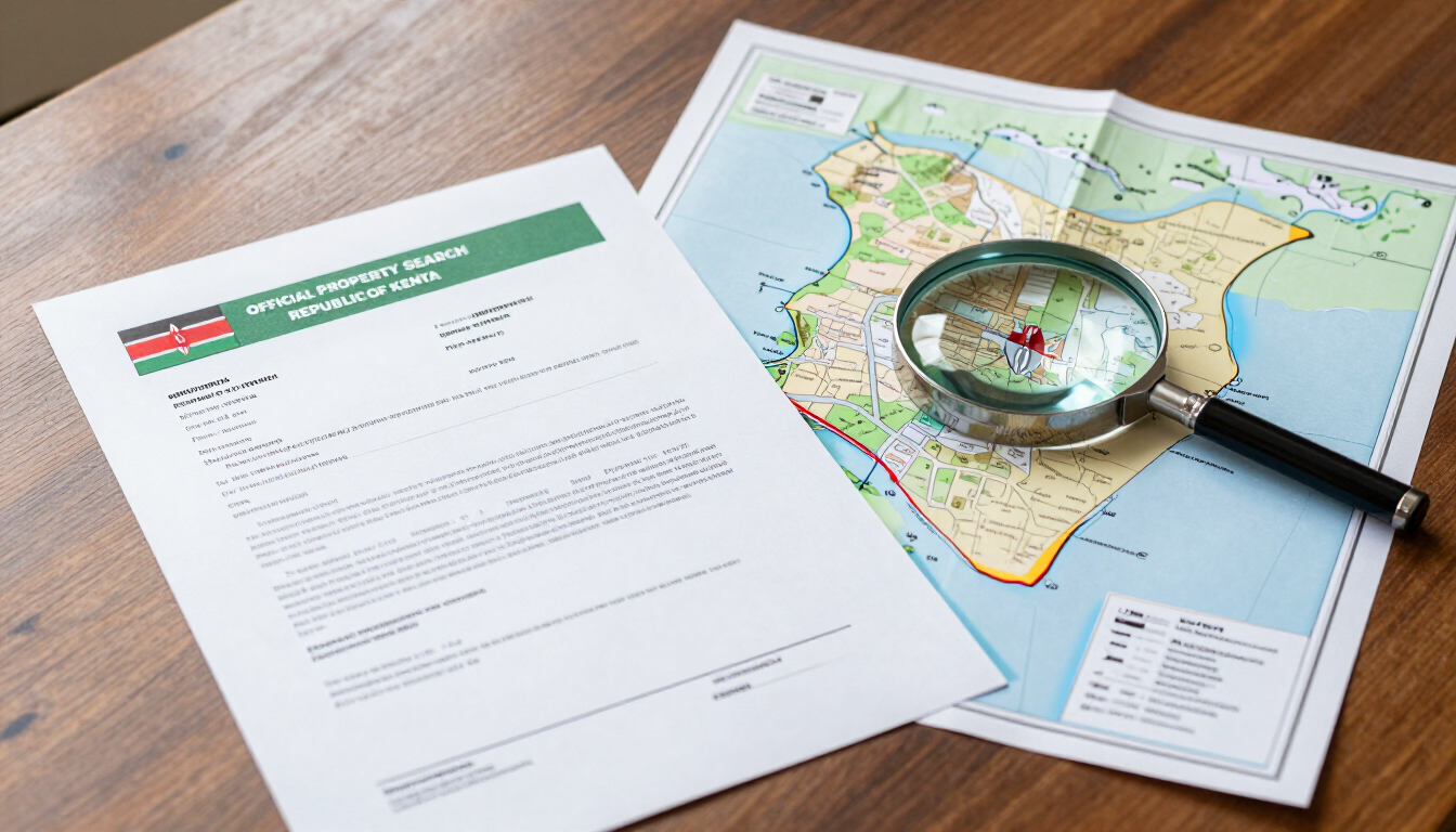 Photorealistic official property search documents, Kenyan land map and magnifying glass on a desk