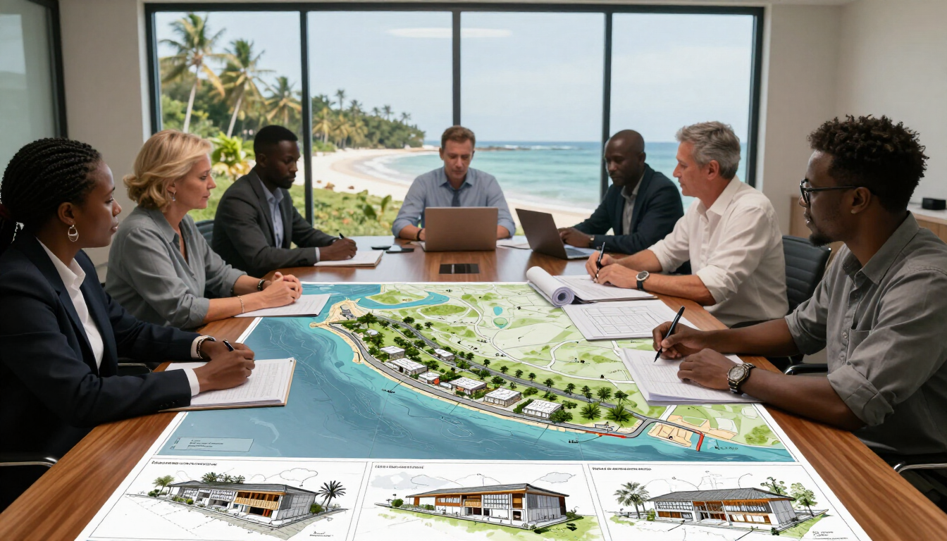 Photorealistic coastal development planning meeting with Kenyan site maps, architectural sketches and Watamu landscape visible through windows