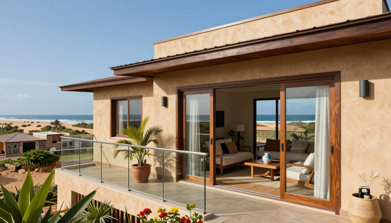 Modern seaside apartment terrace with glass railing, potted plants, and ocean view through open sliding doors