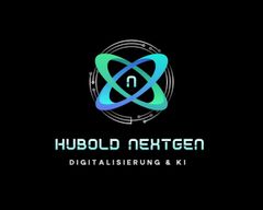 Hubold Nexgen-Logo mit blaugrünem Atom-Symbol und dem Text „Digitalisierung & KI“ auf schwarzem Hintergrund