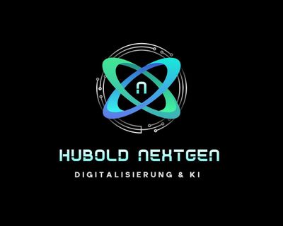 Hubold Nexgen-Logo mit blaugrünem Atom-Symbol und dem Text „Digitalisierung & KI“ auf schwarzem Hintergrund