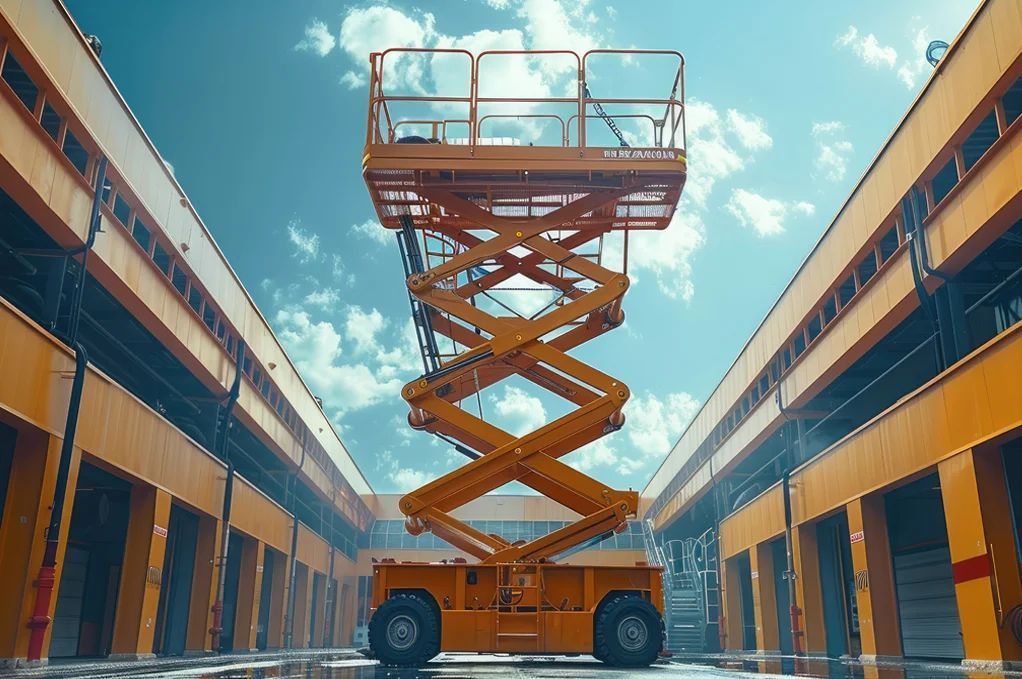 Yellow Scissor Lift Raised Between Two Yellow Buildings — ASAP Batteries & Breakdowns in Helensvale, QLD